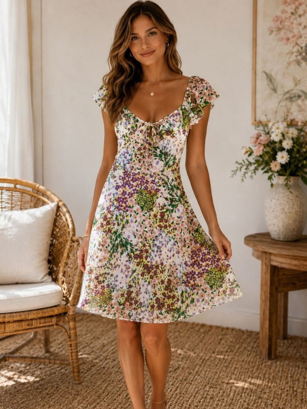 Maurices Floral Flutter Sleeve Mini Dress Medium Cottagecore Boho Spring NEW